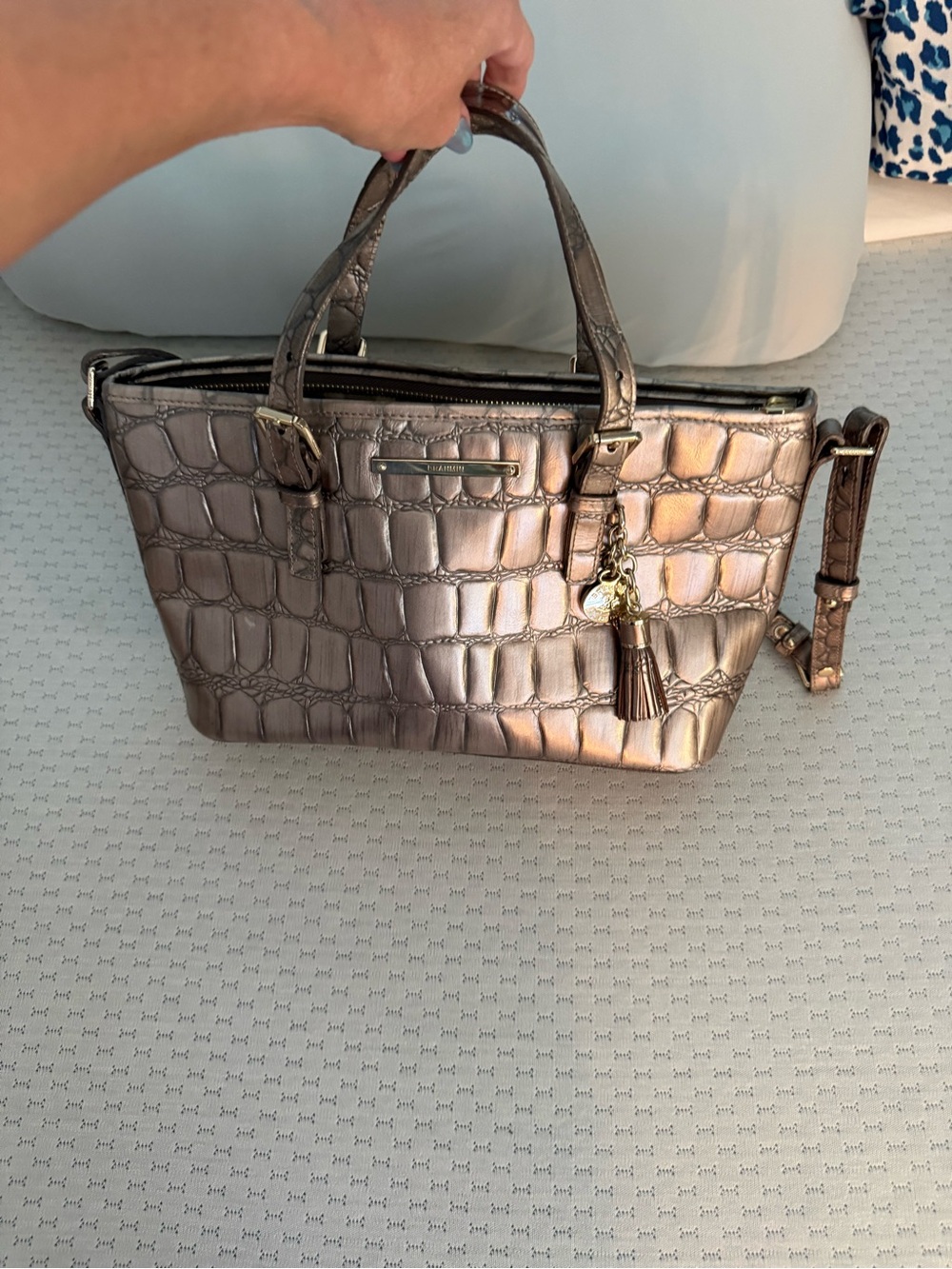 Brahmin Metallic Bronze Croc-Embossed Satchel with Tassel